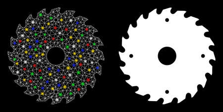 Glowing mesh circular saw blade icon with glow effect. Abstract illuminated model of circular saw blade. Shiny wire carcass polygonal mesh circular saw blade icon.のイラスト素材
