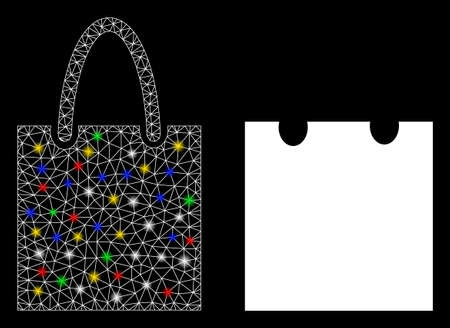 Bright mesh shopping bag icon with glow effect. Abstract illuminated model of shopping bag. Shiny wire frame polygonal mesh shopping bag icon. Vector abstraction on a black background.のイラスト素材