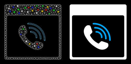 Flare mesh phone call calendar page icon with lightspot effect. Abstract illuminated model of phone call calendar page. Shiny wire frame triangular mesh phone call calendar page icon.のイラスト素材
