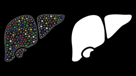 Glossy mesh liver icon with sparkle effect. Abstract illuminated model of liver. Shiny wire frame triangular mesh liver icon. Vector abstraction on a black background.のイラスト素材