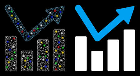 Glossy mesh bar chart trend icon with sparkle effect. Abstract illuminated model of bar chart trend. Shiny wire carcass polygonal mesh bar chart trend icon. Vector abstraction on a black background.のイラスト素材