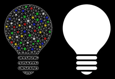 Glowing mesh electric bulb icon with glare effect. Abstract illuminated model of electric bulb. Shiny wire carcass triangular mesh electric bulb icon. Vector abstraction on a black background.のイラスト素材