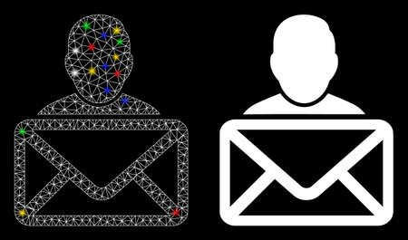 Glowing mesh mail recipient icon with glare effect. Abstract illuminated model of mail recipient. Shiny wire carcass triangular mesh mail recipient icon. Vector abstraction on a black background.のイラスト素材