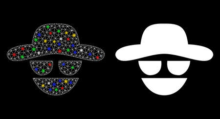 Glossy mesh hacker icon with glow effect. Abstract illuminated model of hacker. Shiny wire carcass triangular mesh hacker icon. Vector abstraction on a black background.のイラスト素材