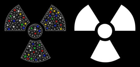 Bright mesh radioactivity icon with glare effect. Abstract illuminated model of radioactivity. Shiny wire carcass polygonal mesh radioactivity icon. Vector abstraction on a black background.のイラスト素材