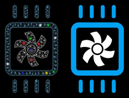 Bright mesh chip cooling icon with glare effect. Abstract illuminated model of chip cooling. Shiny wire carcass triangular mesh chip cooling icon. Vector abstraction on a black background.のイラスト素材