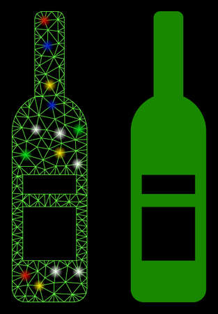 Glossy mesh wine bottle icon with glow effect. Abstract illuminated model of wine bottle. Shiny wire frame triangular network wine bottle icon. Vector abstraction on a black background.のイラスト素材