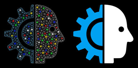 Glowing mesh cyborg head icon with glow effect. Abstract illuminated model of cyborg head. Shiny wire carcass polygonal mesh cyborg head icon. Vector abstraction on a black background.のイラスト素材