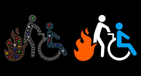 Glossy mesh fire patient evacuation icon with glitter effect. Abstract illuminated model of fire...