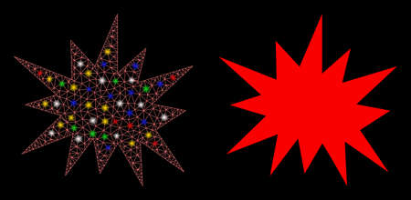 Glowing mesh bang icon with glare effect. Abstract illuminated model of bang. Shiny wire carcass triangular mesh bang icon. Vector abstraction on a black background.のイラスト素材