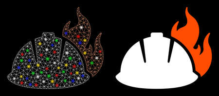 Glossy mesh fire helmet icon with glare effect. Abstract illuminated model of fire helmet. Shiny wire carcass triangular mesh fire helmet icon. Vector abstraction on a black background.のイラスト素材