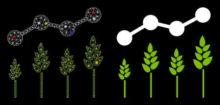 Glowing mesh crop analytics icon with sparkle effect. Abstract illuminated model of crop analytics. Shiny wire frame polygonal mesh crop analytics icon. Vector abstraction on a black background.のイラスト素材