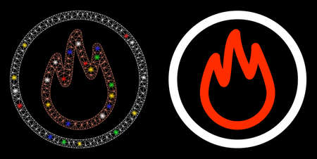 Flare mesh fire icon with glitter effect. Abstract illuminated model of fire. Shiny wire frame polygonal network fire icon. Vector abstraction on a black background.のイラスト素材