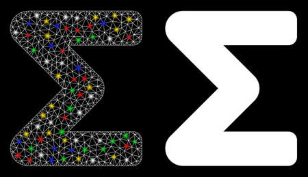 Bright mesh sum icon with glow effect. Abstract illuminated model of sum. Shiny wire frame triangular mesh sum icon. Vector abstraction on a black background. Abstract 2d mesh designed with triangles,のイラスト素材