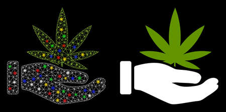 Glossy mesh cannabis offer palm icon with glare effect. Abstract illuminated model of cannabis offer palm. Shiny wire frame polygonal network cannabis offer palm icon.のイラスト素材