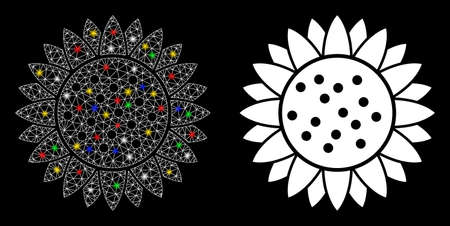 Glossy mesh sunflower flower icon with lightspot effect. Abstract illuminated model of sunflower flower. Shiny wire carcass triangular network sunflower flower icon.のイラスト素材