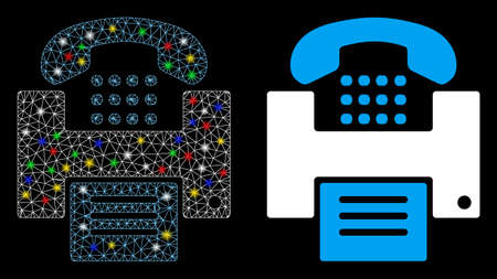 Glossy mesh fax icon with glitter effect. Abstract illuminated model of fax. Shiny wire frame triangular mesh fax icon. Vector abstraction on a black background.のイラスト素材