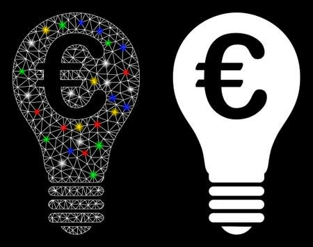 Flare mesh Euro patent icon with glare effect. Abstract illuminated model of Euro patent. Shiny wire carcass triangular mesh Euro patent icon. Vector abstraction on a black background.のイラスト素材