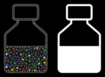 Glowing mesh liquid bottle icon with lightspot effect. Abstract illuminated model of liquid bottle. Shiny wire carcass triangular mesh liquid bottle icon. Vector abstraction on a black background.のイラスト素材