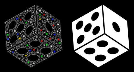 Glowing mesh dice icon with glow effect. Abstract illuminated model of dice. Shiny wire frame triangular mesh dice icon. Vector abstraction on a black background.のイラスト素材