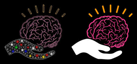 Glowing mesh brain education offer icon with glitter effect. Abstract illuminated model of brain education offer. Shiny wire frame triangular mesh brain education offer icon.のイラスト素材