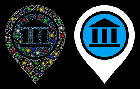 Glowing mesh bank map pointer icon with glow effect. Abstract illuminated model of bank map pointer. Shiny wire carcass triangular network bank map pointer icon.のイラスト素材