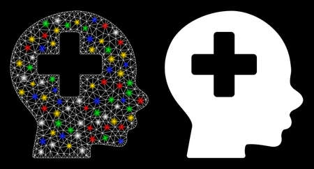 Flare mesh head medicine icon with glare effect. Abstract illuminated model of head medicine. Shiny wire frame triangular network head medicine icon. Vector abstraction on a black background.のイラスト素材