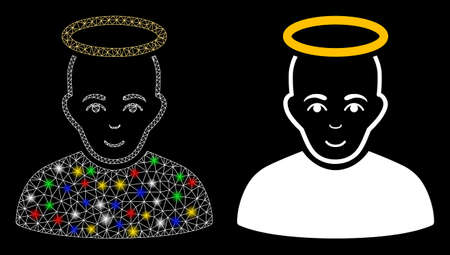 Glossy mesh holy man icon with glow effect. Abstract illuminated model of holy man. Shiny wire frame triangular network holy man icon. Vector abstraction on a black background.のイラスト素材