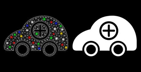 Glossy mesh ambulance car icon with glare effect. Abstract illuminated model of ambulance car. Shiny wire frame polygonal mesh ambulance car icon. Vector abstraction on a black background.のイラスト素材