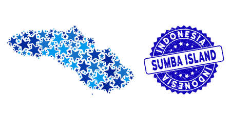 Blue Sumba Island map composition of stars, and grunge round seal. Abstract territory plan in blue color tinges. Vector Sumba Island map is designed of blue stars.のイラスト素材