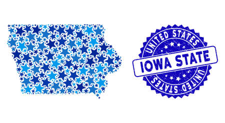 Blue Iowa State map mosaic of stars, and distress rounded stamp. Abstract territory scheme in blue shades. Vector Iowa State map is designed with blue stars.のイラスト素材
