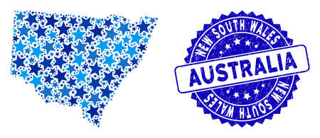 Blue New South Wales map collage of stars, and distress round stamp. Abstract territory plan in blue color tones. Vector New South Wales map is constructed of blue stars.のイラスト素材