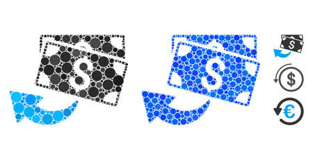 Cashback composition of small circles in variable sizes and color tints, based on cashback icon. Vector small circles are grouped into blue composition.のイラスト素材