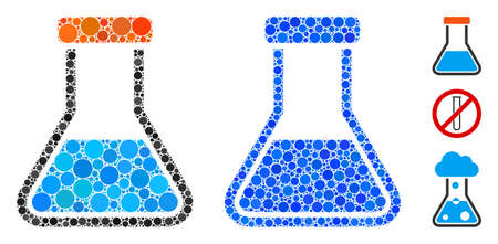 Flask composition of round dots in various sizes and color tints, based on flask icon. Vector round dots are organized into blue illustration. Dotted flask icon in usual and blue versions.のイラスト素材