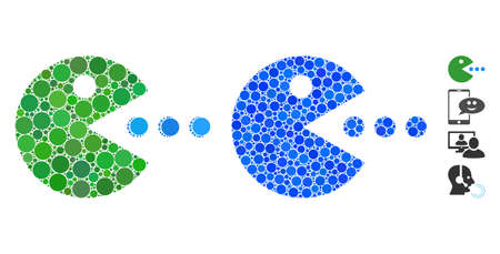 Talking smiley composition of filled circles in variable sizes and shades, based on talking smiley icon. Vector filled circles are united into blue collage.のイラスト素材