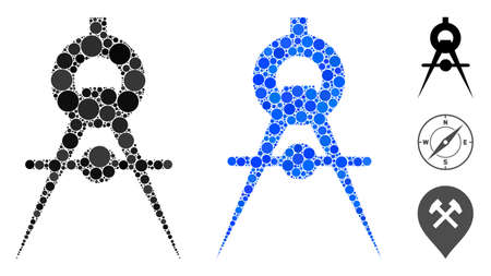 Compasses mosaic of circle elements in various sizes and shades, based on compasses icon. Vector circle elements are combined into blue collage. Dotted compasses icon in usual and blue versions.のイラスト素材