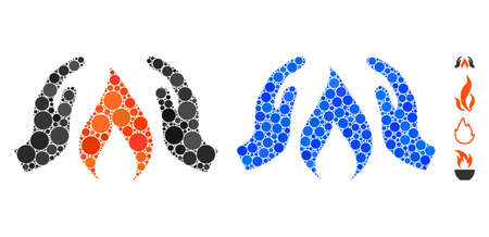 Warm up hands mosaic of spheric dots in different sizes and color tones, based on warm up hands icon. Vector dots are united into blue mosaic. Dotted warm up hands icon in usual and blue versions.のイラスト素材