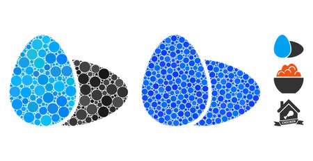 Eggs composition of small circles in various sizes and color tones, based on eggs icon. Vector small circles are grouped into blue illustration. Dotted eggs icon in usual and blue versions.のイラスト素材