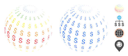 Abstract dollar sphere composition of filled circles in variable sizes and color tinges, based on abstract dollar sphere icon. Vector filled circles are composed into blue mosaic.のイラスト素材