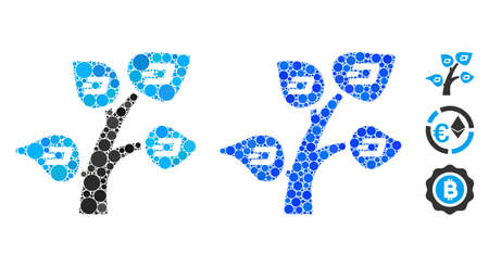 Dash tree mosaic of spheric dots in various sizes and color tinges, based on Dash tree icon. Vector random circles are combined into blue mosaic. Dotted Dash tree icon in usual and blue versions.のイラスト素材