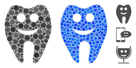 Happy tooth composition of round dots in various sizes and color tints, based on happy tooth icon. Vector round dots are combined into blue illustration.のイラスト素材