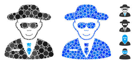 Spy composition of filled circles in variable sizes and shades, based on spy icon. Vector filled circles are composed into blue illustration. Dotted spy icon in usual and blue versions.のイラスト素材