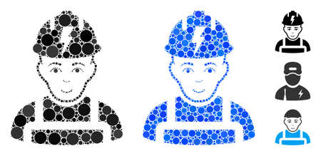 Electrician mosaic of small circles in variable sizes and color tinges, based on electrician icon. Vector small circles are organized into blue collage.のイラスト素材