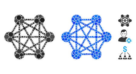 Network relations composition of filled circles in variable sizes and shades, based on network relations icon. Vector small circles are united into blue composition.のイラスト素材