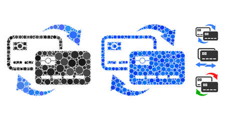 Bank card exchange mosaic of small circles in variable sizes and color hues, based on bank card exchange icon. Vector small circles are grouped into blue collage.のイラスト素材