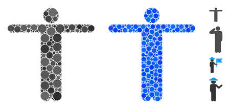 Scarecrow pose mosaic of circle elements in variable sizes and color hues, based on scarecrow pose icon. Vector dots are organized into blue mosaic.のイラスト素材