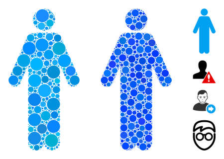 Man composition of circle elements in various sizes and shades, based on man icon. Vector circle elements are united into blue composition. Dotted man icon in usual and blue versions.のイラスト素材