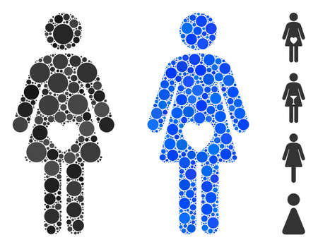 Mistress composition of filled circles in variable sizes and shades, based on mistress icon. Vector filled circles are united into blue illustration. Dotted mistress icon in usual and blue versions.のイラスト素材