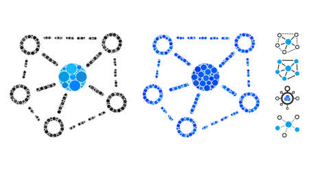 Molecule links mosaic of filled circles in various sizes and color tints, based on molecule links icon. Vector filled circles are composed into blue mosaic.のイラスト素材