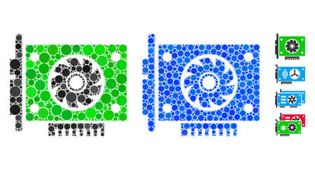 GPU card composition of small circles in various sizes and color tones, based on GPU card icon. Vector small circles are grouped into blue illustration.のイラスト素材